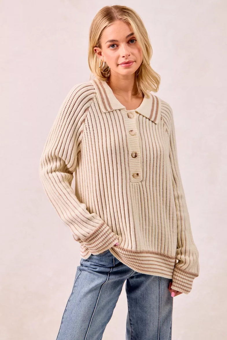 BiBi Half Button Ribbed Two Tone Sweater - SwagglyLife Home & Fashion